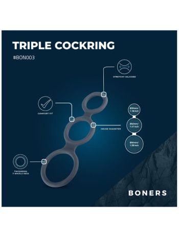 Boners Triple Cock Ring Bon003 Dark Grey